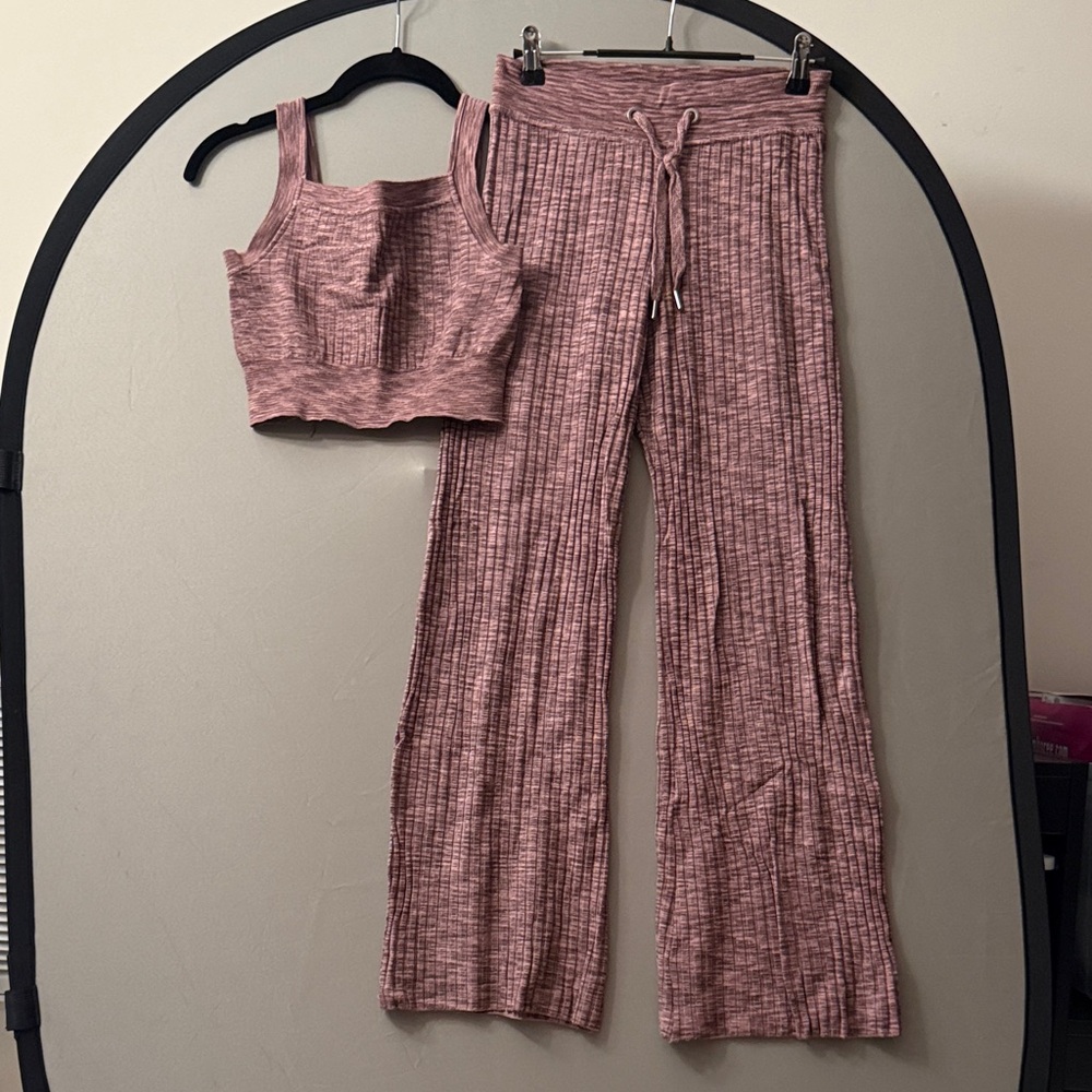 Athleta Pink Ribbed Pants and Crop Top Set